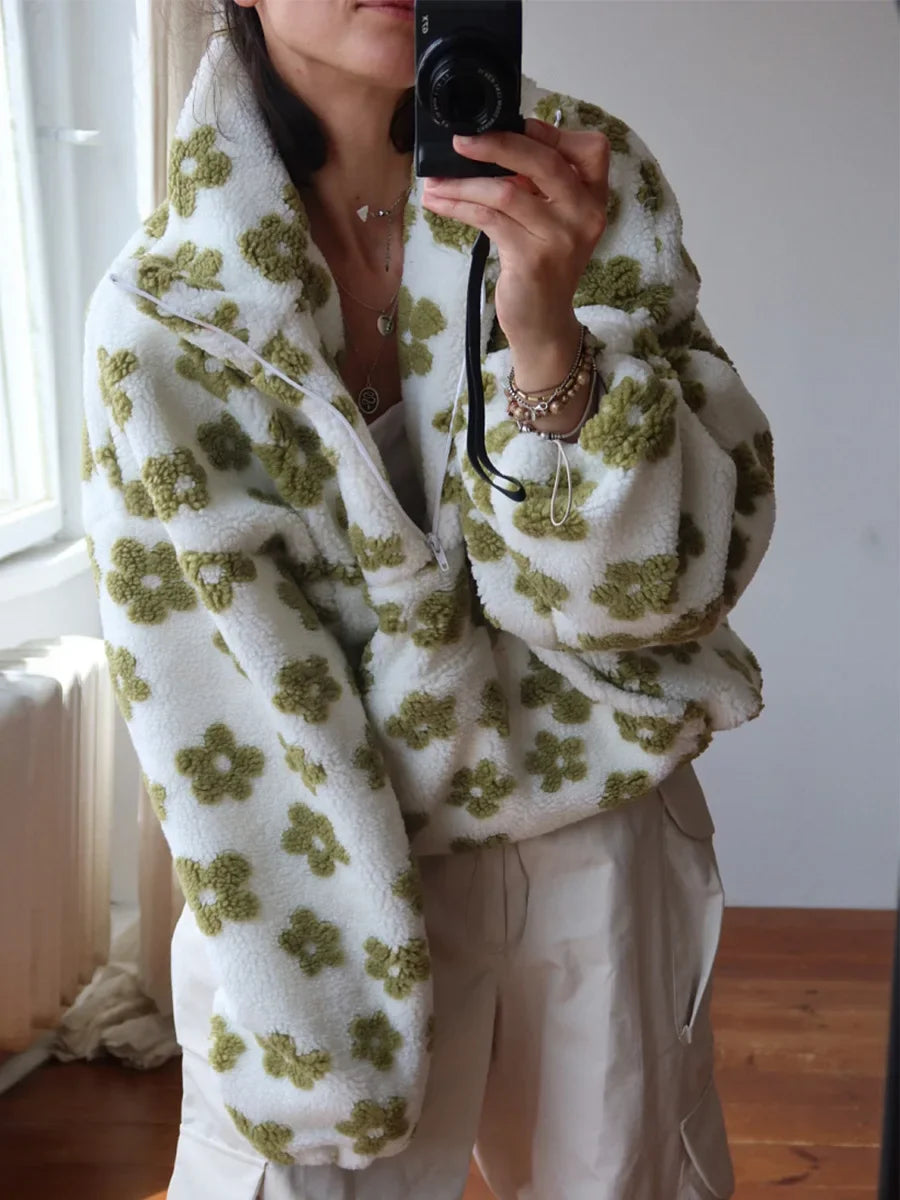 Bella Women's Half Zip Hoodie | Cozy Sherpa Floral Design, Oversized Fit 3