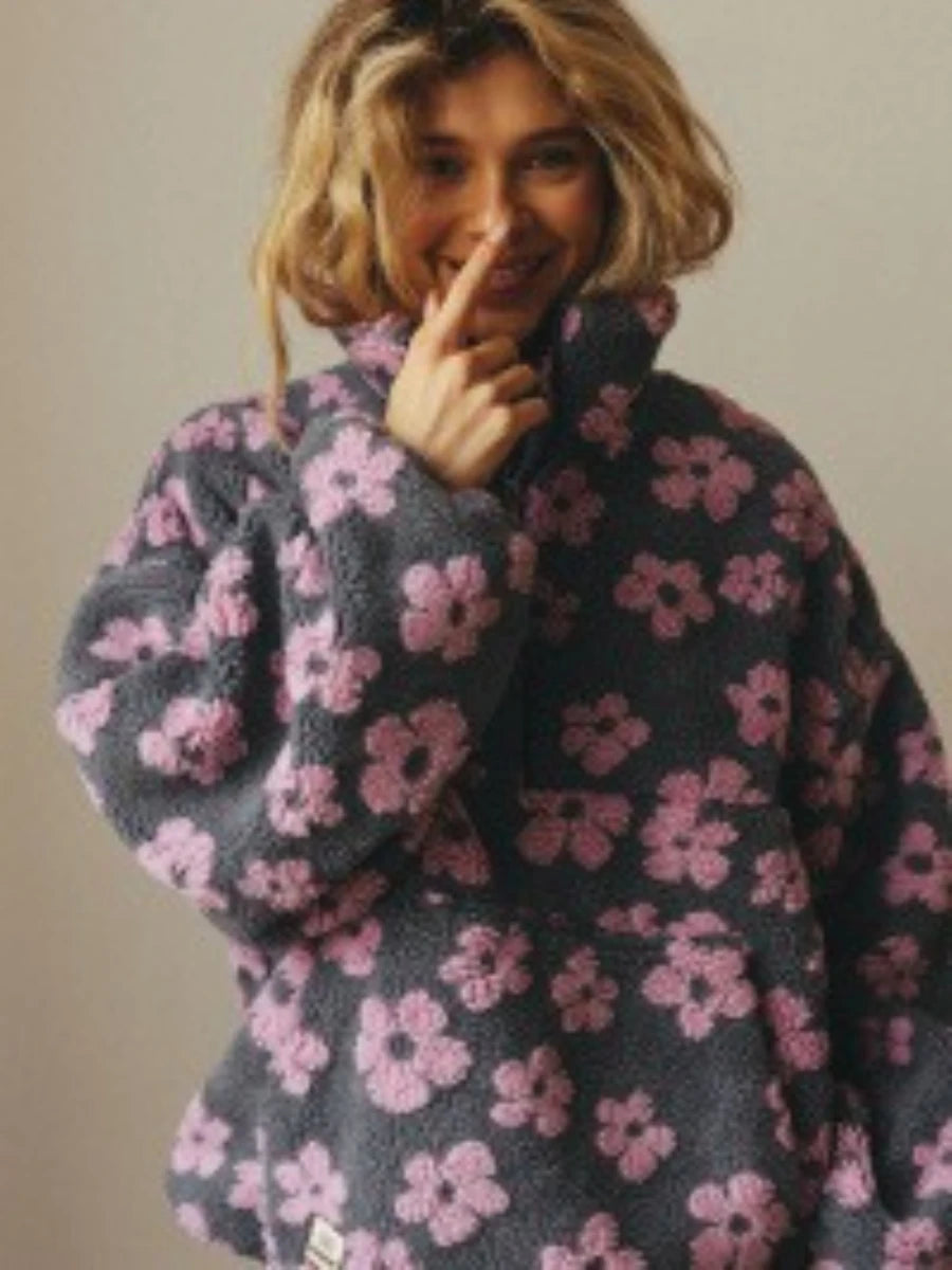 Bella Women's Half Zip Hoodie | Cozy Sherpa Floral Design, Oversized Fit 6