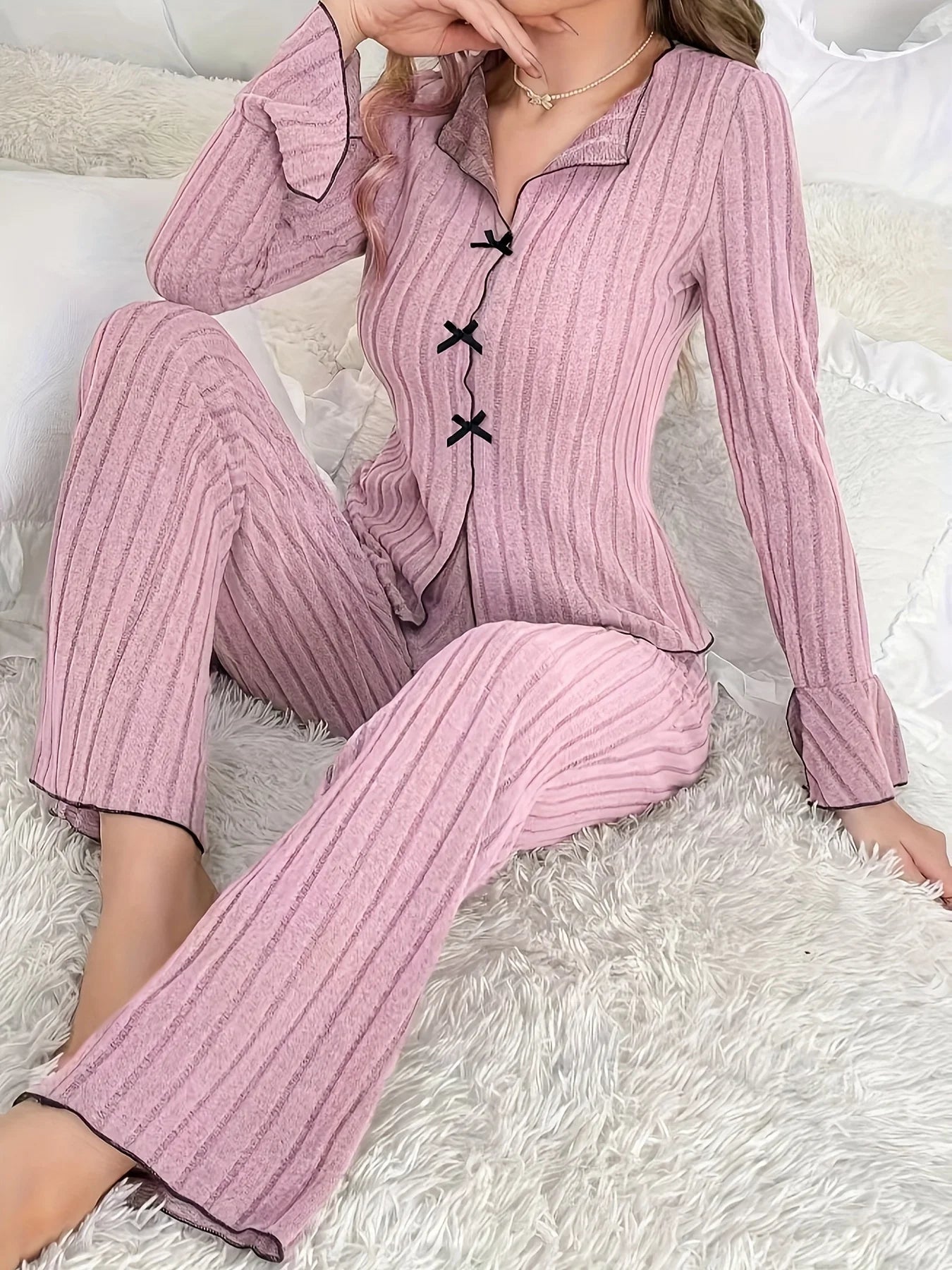 Bella Women's Pajama Set | Soft Fabric, Elegant Bow, Long Sleeve 0