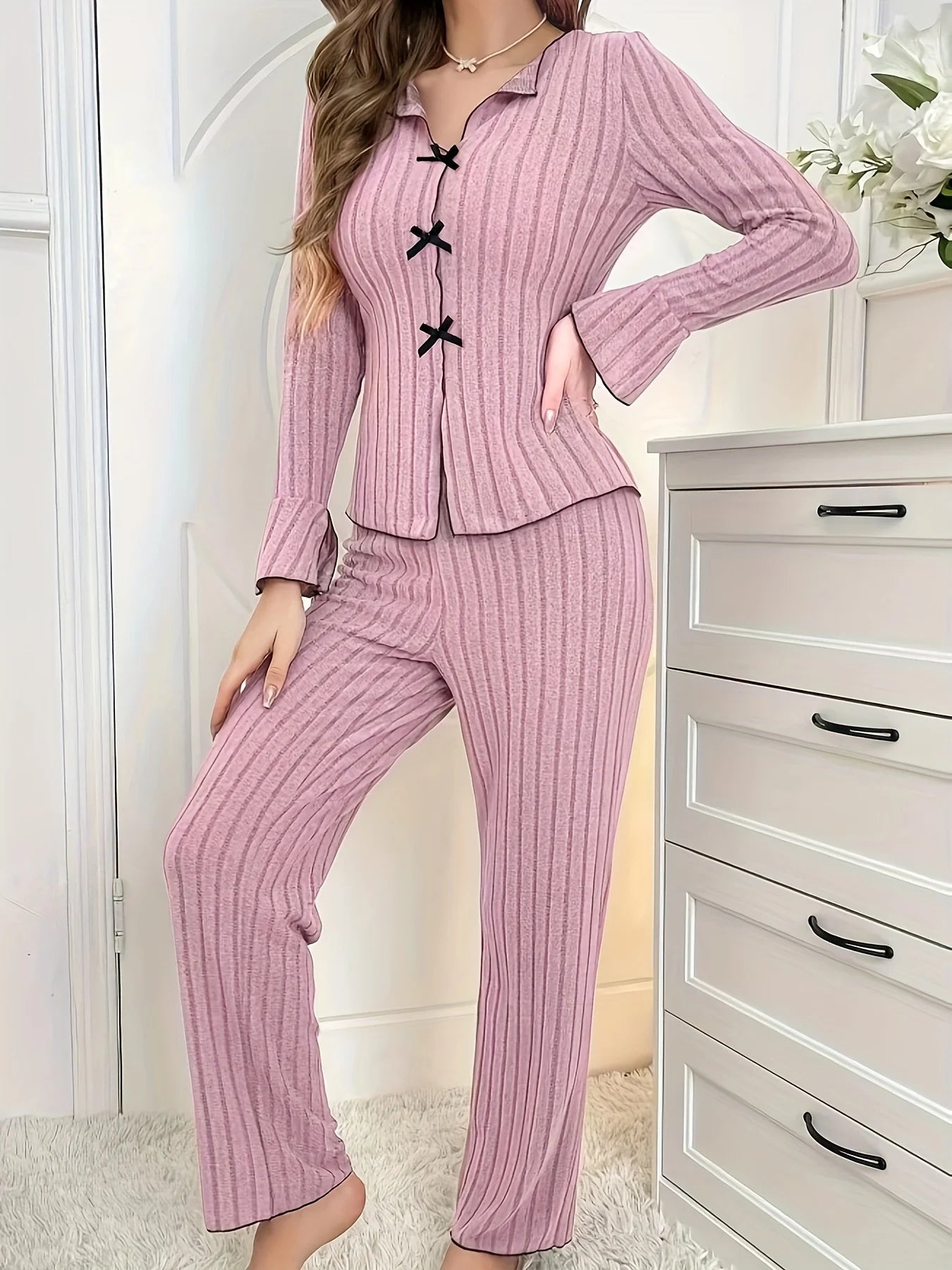 Bella Women's Pajama Set | Soft Fabric, Elegant Bow, Long Sleeve 2