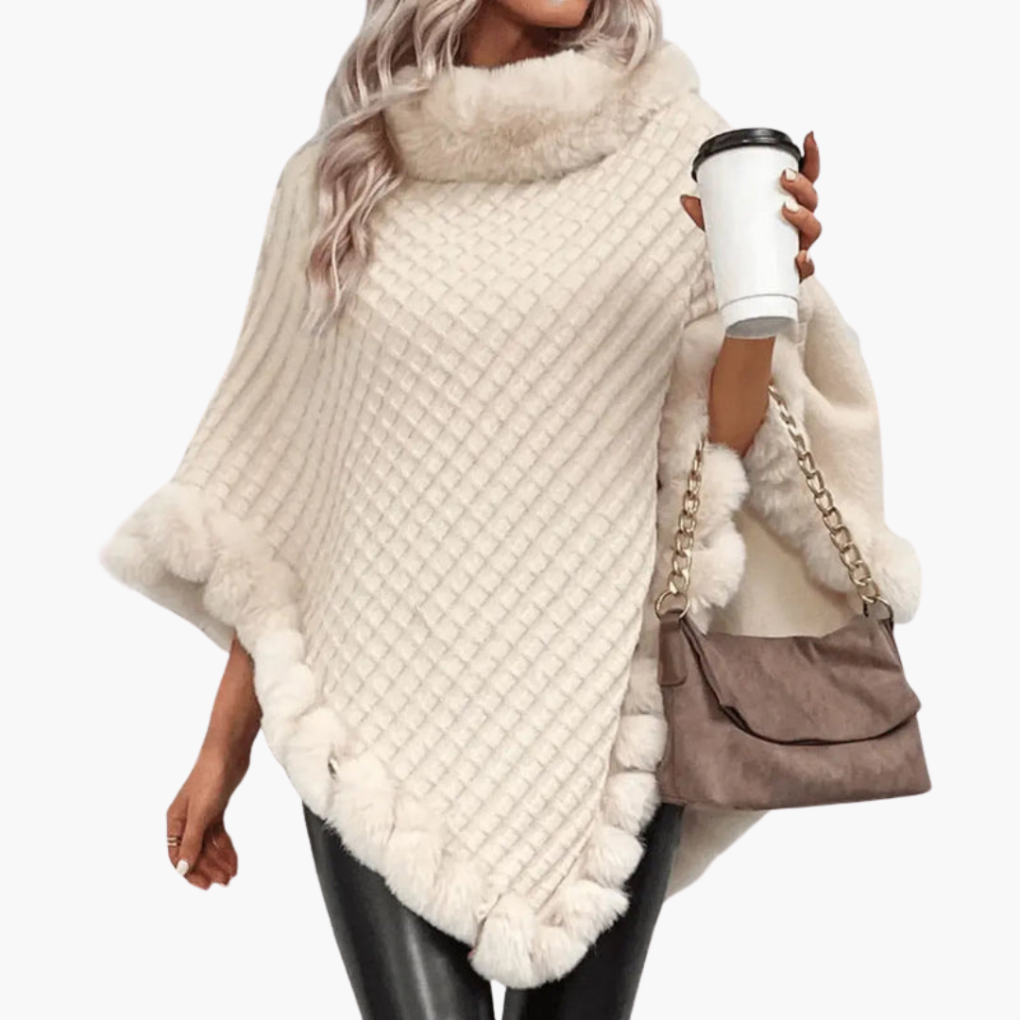 Kara Women's Poncho | Oversized Knit with Faux Fur Trim, Cozy Layering 3