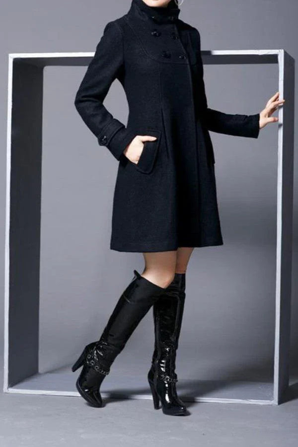 Maverick Women's Long Wool Coat | Elegant Hooded Design, Black 3