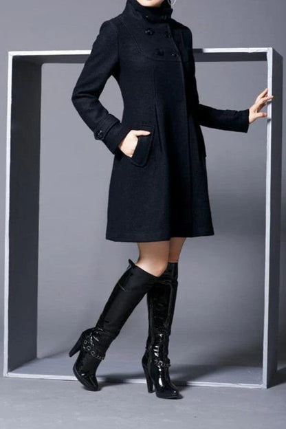 Maverick Women's Long Wool Coat | Elegant Hooded Design, Black 3