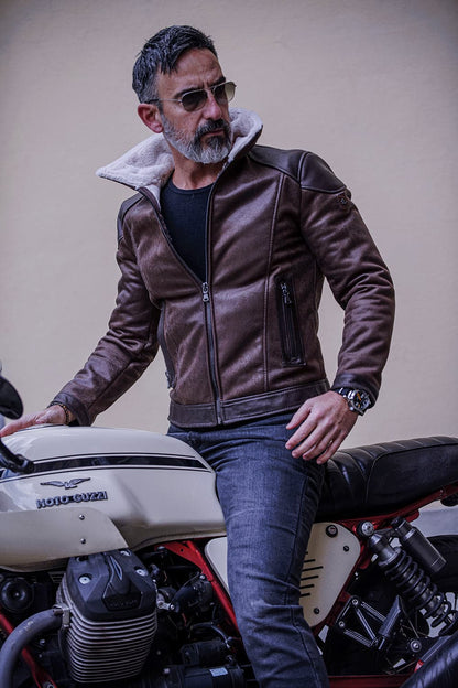 Eli Men's Biker Jacket | Shearling Style, Dark Brown Leather 1