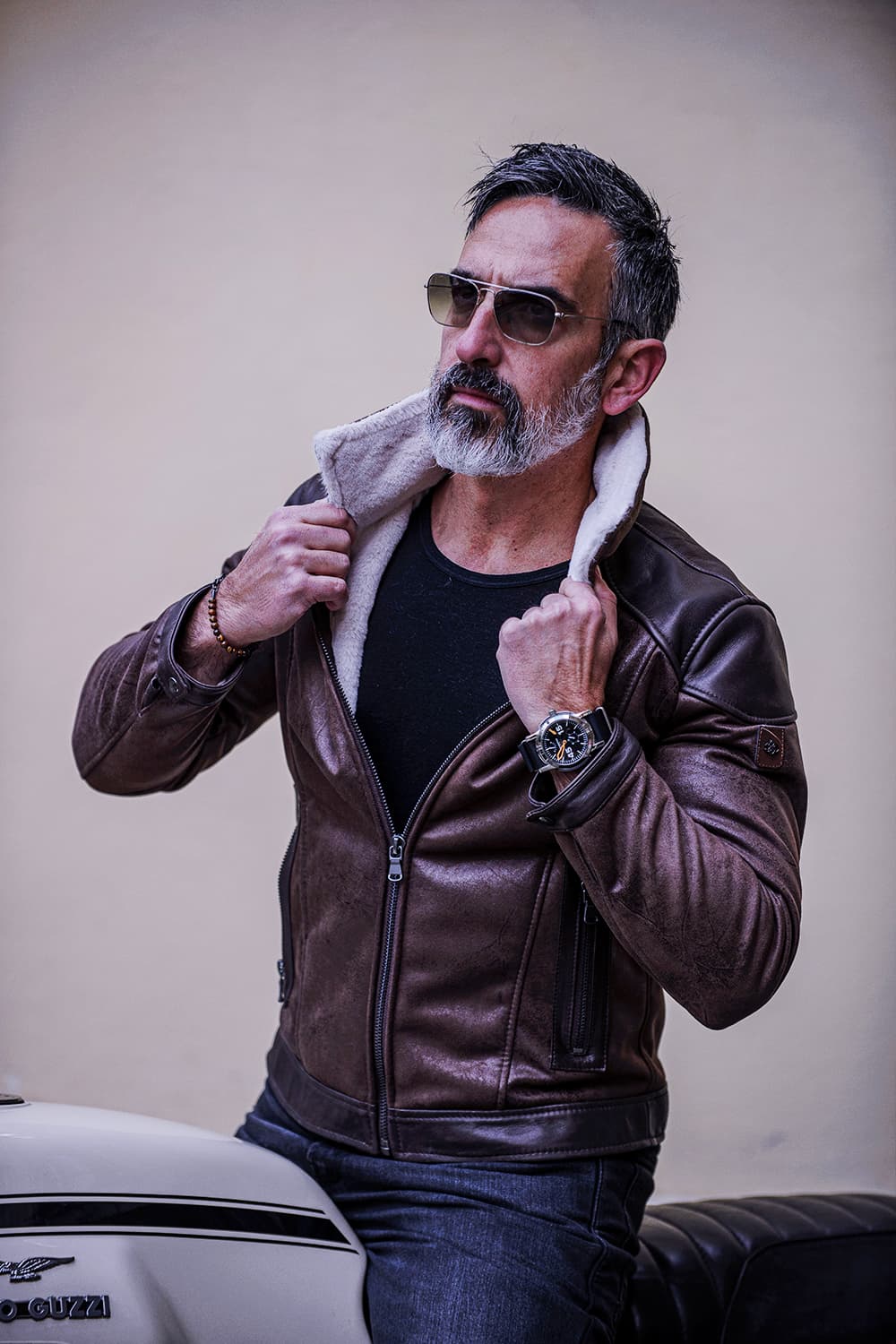 Eli Men's Biker Jacket | Shearling Style, Dark Brown Leather 4