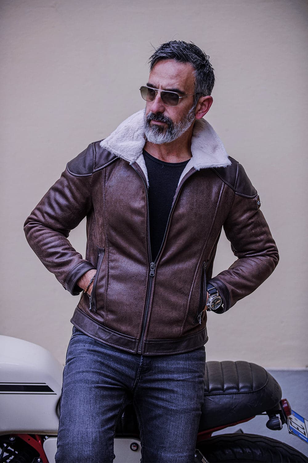 Eli Men's Biker Jacket | Shearling Style, Dark Brown Leather 0