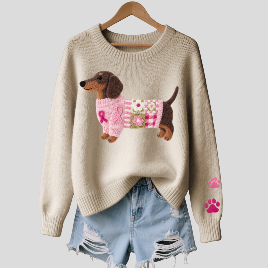 Nina Women's Wool Sweater | Dachshund Patchwork, Relaxed Fit 1