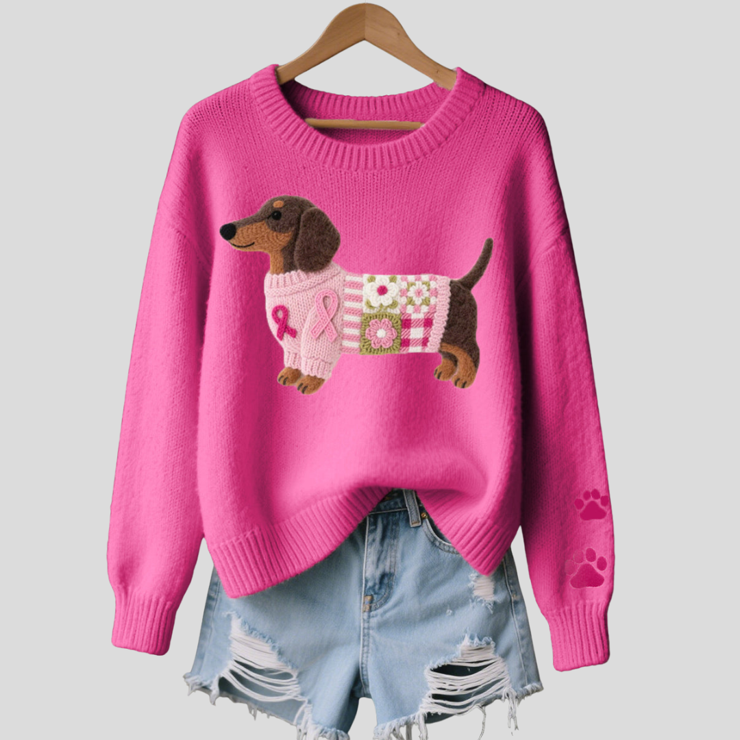 Nina Women's Wool Sweater | Dachshund Patchwork, Relaxed Fit 2