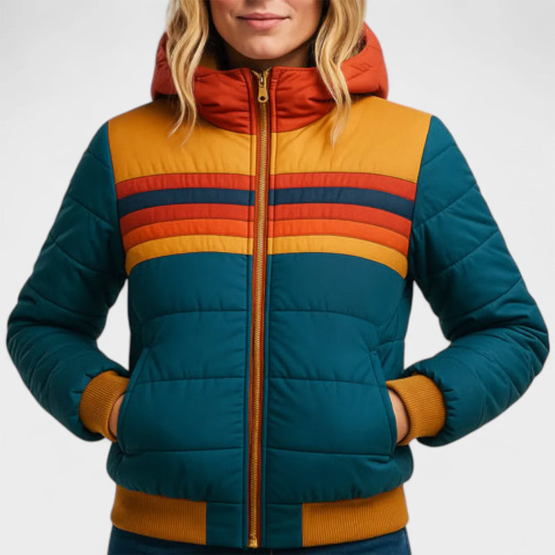 Rina Women's Puffer Jacket | Retro Color Block Design 0