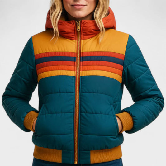 Rina Women's Puffer Jacket | Retro Color Block Design 0